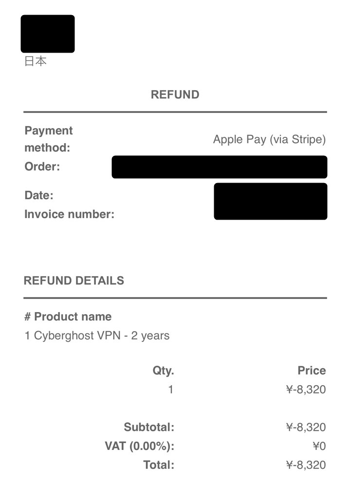 CyberGhost返金後の明細