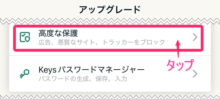ExpressVPN「高度な保護」タップ。広告ブロック。(iphone)
