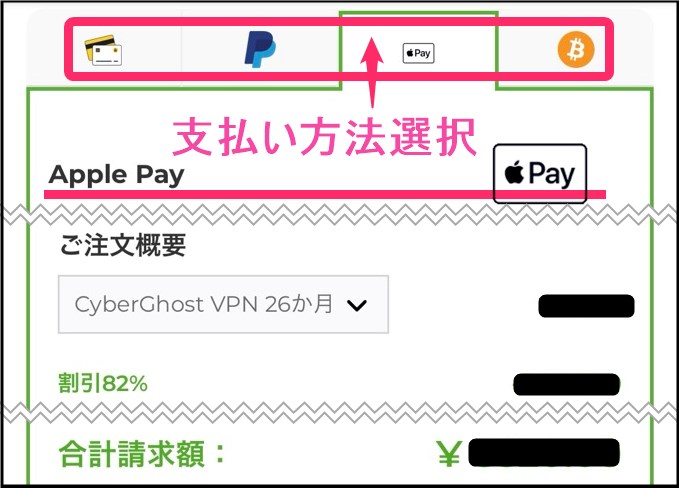 CyberGhost契約方法の流れ。支払い(iphone)