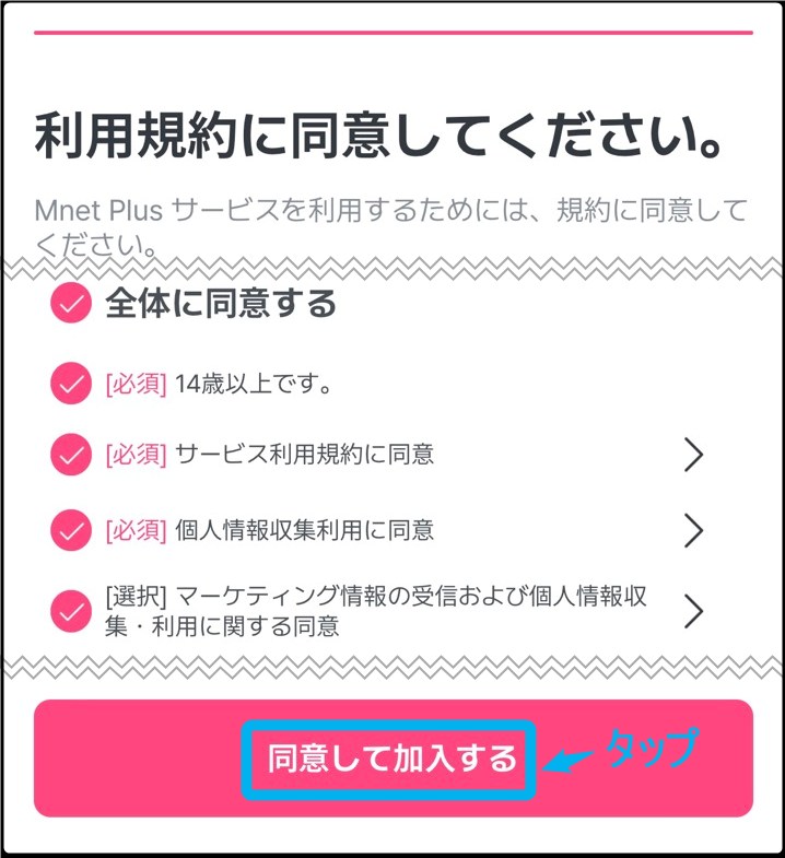 韓国Mnet 「Mnet Plus」会員登録。「利用規約」チェック