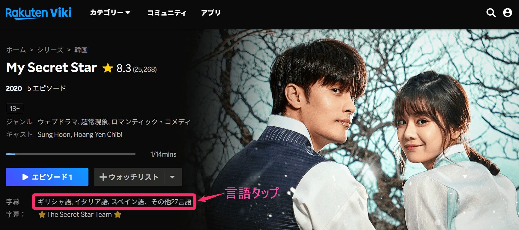 楽天Viki パソコンEdgeブラウザで日本語字幕を出す方法