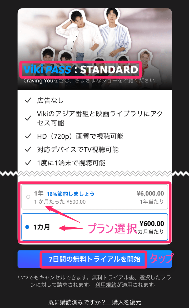 「楽天Viki」スタンダード加入手順 プラン選択