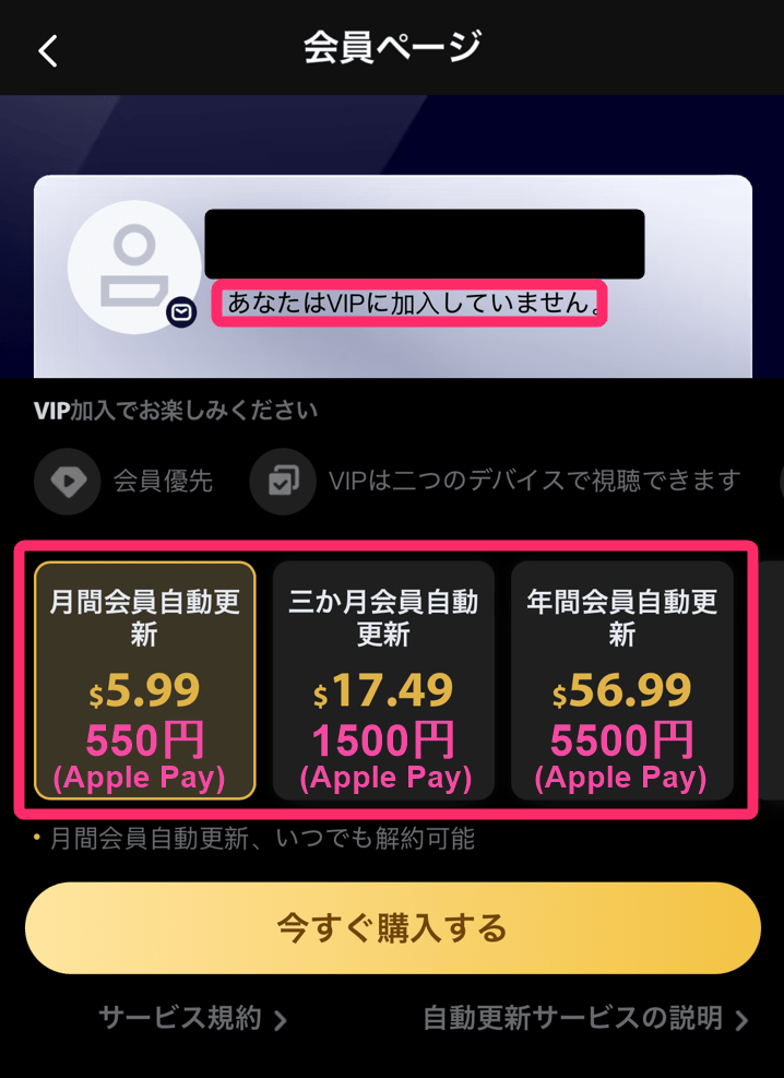 WeTV 有料プランの「VIP」加入。料金表