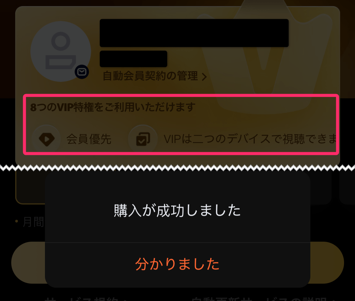 WeTV 有料プランの「VIP」加入。購入成功