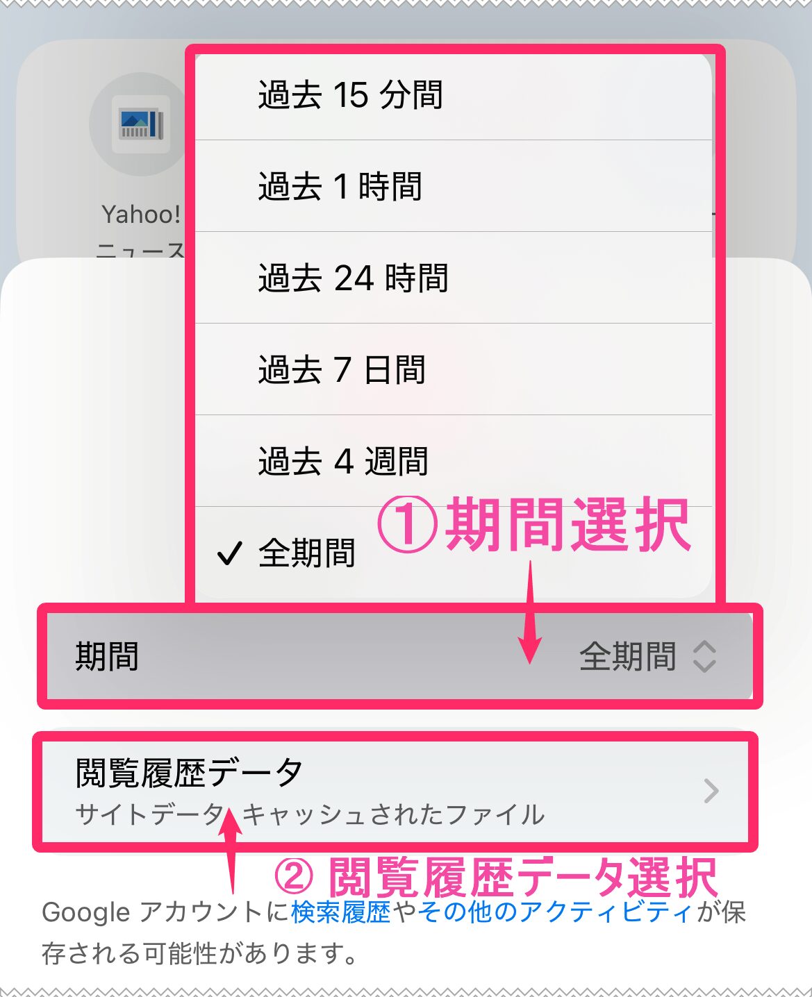 ブラウザキャッシュクリアの方法。「Chrome」。「期間選択」「閲覧履歴データ」タップ