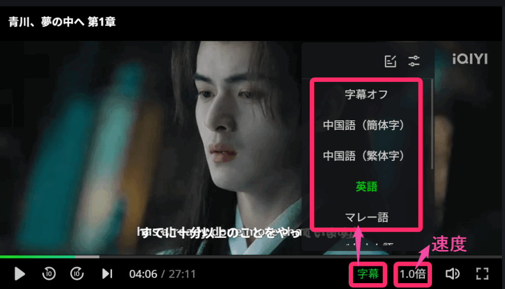 IQIYI アイチーイー 日本語字幕「字幕」「速度」タップ