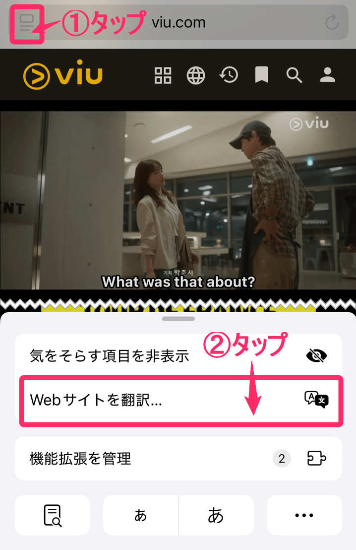ViU「Safariブラウザ」日本語翻訳。「Webサイトを翻訳」タップ