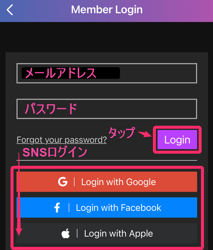 「GagaOOLala」ログイン画面。「メアド、PW」入力しタップ